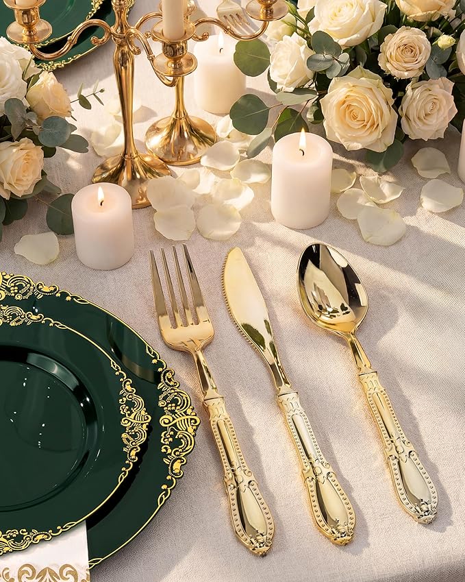 Morejoy 350 PCS Green Plastic Plates - Green Gold Plastic Dinnerware Set Include 50Dinner Plates, 50Dessert Plates 150Cutlery, 50Cups, 50Napkin Perfect for Party & Wedding