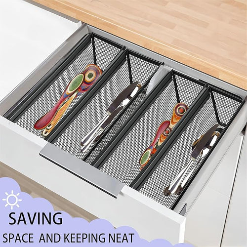 2PCS Drawer Organizer for Kitchen,Utensil Mesh Drawer Organizer with Interlocking Arm for Cosmetic,Flatware,Pen (12 * 3 * 2 Inches,Black)