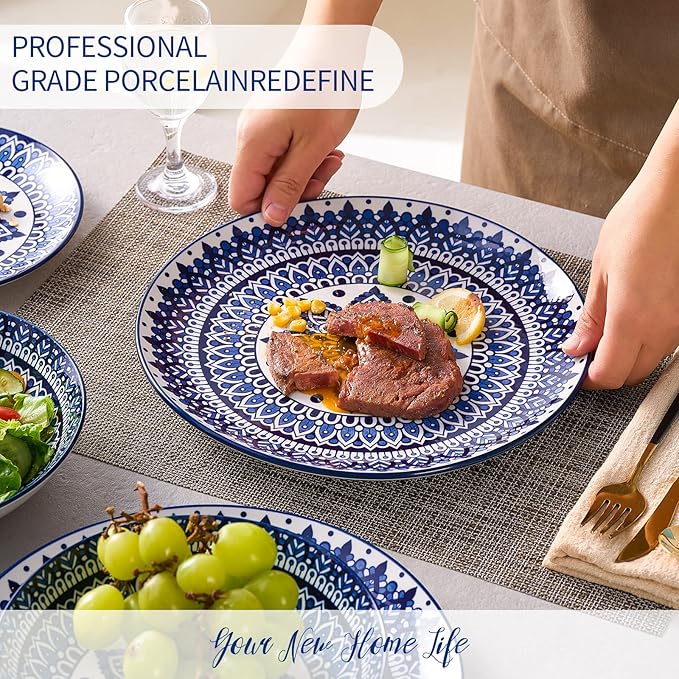 Bestone 12 Piece Round Kitchen Dinnerware Sets,Plates and Bowls sets,Dishes, Plates, Bowls, Dish Set，Plates and Bowls,Service for 4, Chip Resistant Porcelain ， Blue