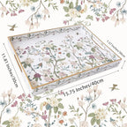 Serving Tray with Handles, Rectangular Plastic Tray 15.75x11.81 Inch, Floral Art with Peony, Hydrangea, Magnolia & Magpie Style Decorative Tray for Kitchen, Dining Table, Vanity, Office & Home
