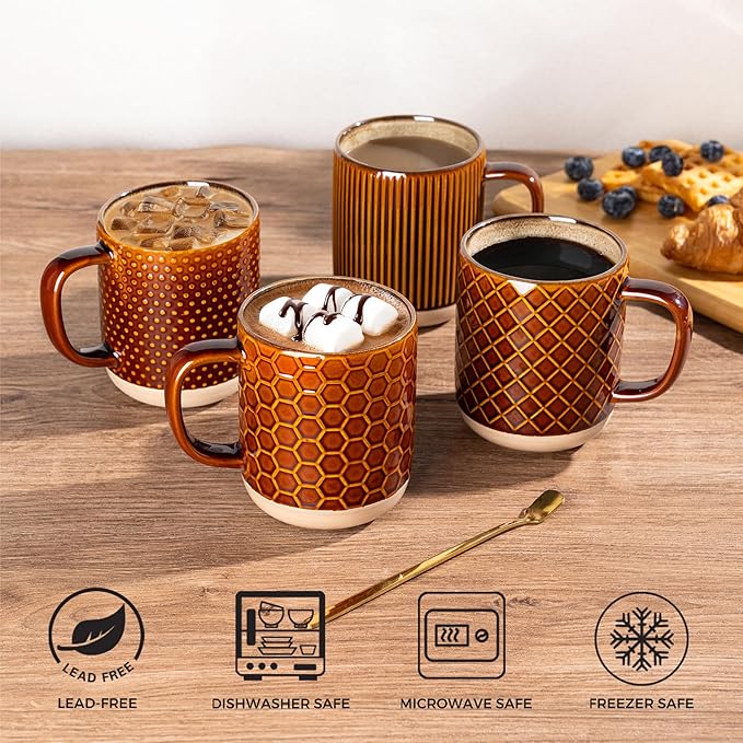 GBhome Large Coffee Mugs Set of 4, 16oz Handmade Stoneware Coffee Mugs Set with Large Handle for Cappuccino/Latte/Tea/Hot Cocoa, Dishwasher & Microwave Safe, Caramel