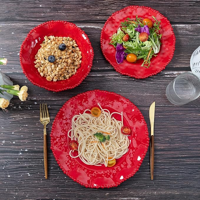12 pcs Christmas Holiday Melamine Dinnerware Set, Ruffled Rim With Beaded Plates and Bowls Set of 4, Lightweight yet Durable Dishes tableware Set, Ideal for parties, camping, and RV trips
