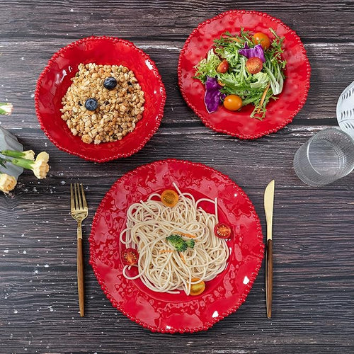 12 pcs Christmas Holiday Melamine Dinnerware Set, Ruffled Rim With Beaded Plates and Bowls Set of 4, Lightweight yet Durable Dishes tableware Set, Ideal for parties, camping, and RV trips