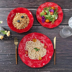 Christmas Red 18 Piece Beaded Melamine Dinnerware Sets, Service for 6, Lightweight Unbreakable, BPA Free With Scalloped rim Plates and Bowls Sets, Dishwasher Safe, Indoor and Outdoor Use