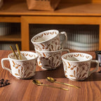 Ceramic Mugs 11 oz Unique Luxurious Cups Set of 4 with Premium Spoon, Mug for Coffee Milk Latte Cappuccino Tea, for Office Home Dishwasher Microwave Freezer Safe, Birthday Gift, Stoneware