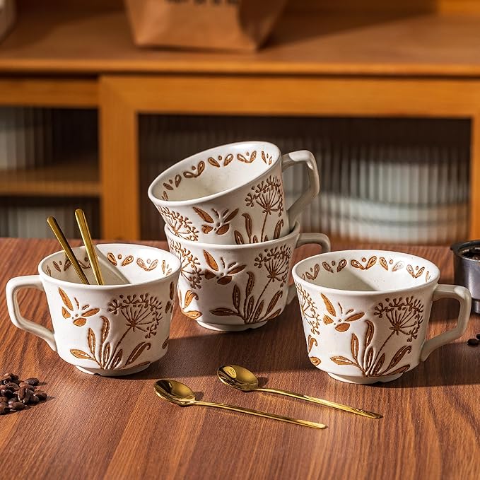 Ceramic Mugs 11 oz Unique Luxurious Cups Set of 4 with Premium Spoon, Mug for Coffee Milk Latte Cappuccino Tea, for Office Home Dishwasher Microwave Freezer Safe, Birthday Gift, Stoneware