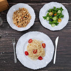 White Beaded Melamine Dinnerware Set, 18 piece Dishwasher Safe Plates and Bowls for Dining, Parties, Camping Dish Set