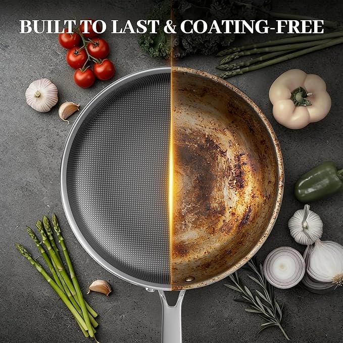 FogDream Non Stick Frying Pans, 10in Titanium Pans for Cooking, Hybrid Stainless Steel Skillet with Spatulas, PFOA Free Cookware, Stay Cool Handle, Dishwasher & Oven-Safe,Induction Compatible,Silver