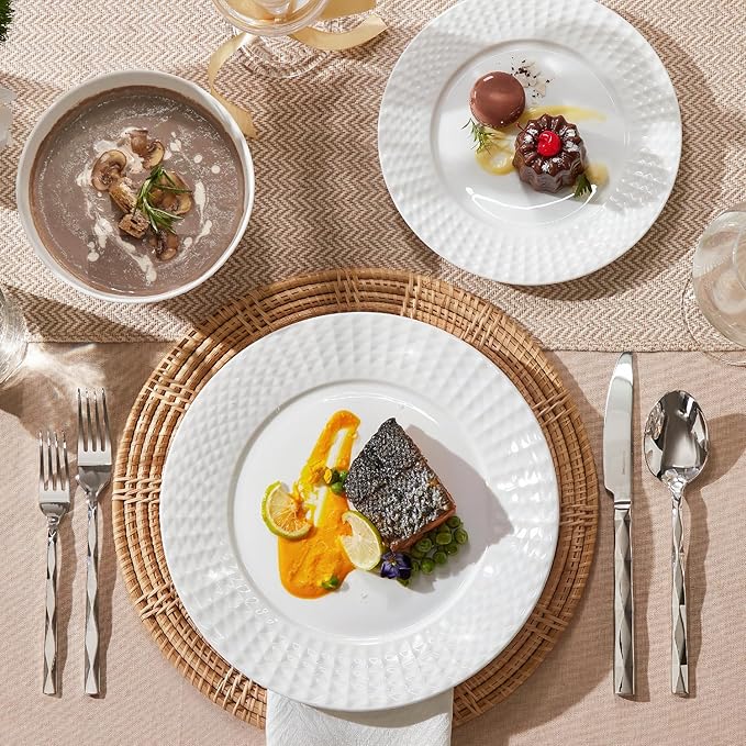 KINGSTONE Bone China Dinnerware Set, 12-Piece White Lightweight Porcelain for 4, Plates and Bowls with Rhombus patterned edge design, Microwave and Dishwasher Safe, for Family, Restaurant, Gifting
