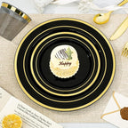 BESTVIP 700PCS Black Gold Plastic Dinnerware Set for 100 Guests, Disposable Plates for Party, Include: 200 Plastic Plates, 100 Pre Rolled Napkins with Gold Silverware, 100 Cups for Christmas