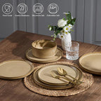 E-far 24-Piece Stoneware Dinnerware Sets, Plates and Bowls Sets for 8, Kitchen Modern Dinning Porcelain Dishes Set, Chip & Scratch Resistant, Dishwasher & Microwave Safe, Caramel Khaki