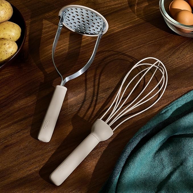 bella 2 Piece Compact Masher and Whisk Set, Fold Flat, Stainless steel and silicone, Foldable Masher, Ballon Whisk, Flat Whisk, Non-stick, Nonslip, Heat safe to 425°F, Slate