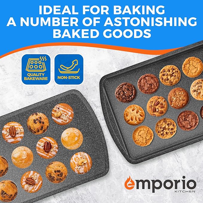 Stackable Baking Pan Set - Deluxe Nonstick Gray Marble Coating, Carbon Steel Bakeware Sets, PFOA, PFOS, PTFE Free, Recipe Booklet Included, Oven Safe (Up to 450°F), Set of 7