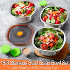 KTKUDY Stainless Steel Salad Bowl with Lid & Dressing Cup - 50 oz Leakproof Salad Container for Meal Prep & Lunch To Go, Dishwasher Safe