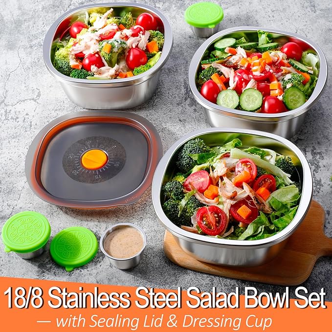 KTKUDY Stainless Steel Salad Bowl with Lid & Dressing Cup - 50 oz Leakproof Salad Container for Meal Prep & Lunch To Go, Dishwasher Safe