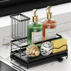 KINGBERW Large Sponge Holder for Kitchen Sink, Auto Draining Sponge Sink Caddy Organizer with Brush Holder, Kitchen Countertop Organizers and Storage Essentials, Black