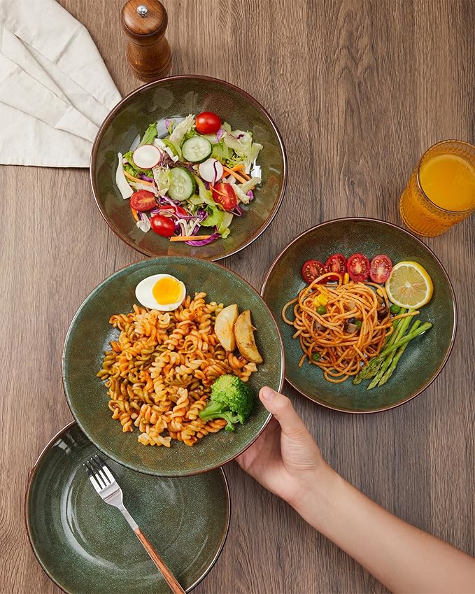 Pokini Stoneware Pasta Bowls Set of 6, 8.75 Inch Ceramic Bowl Set 32 Oz, Microwave & Dishwasher Safe Bowl Plates, Large Salad Bowl for Serving Soup, Pasta, Noodle, Dinner, Brown Green