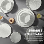 E-far 8-Piece Plates and Bowls Sets with Pasta Bowls - Stoneware Dinnerware Set for 2, Modern Ribbed Speckled White Dishes, Microwave & Dishwasher Safe