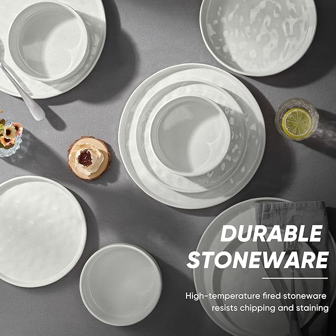 E-far 16-Piece Plates and Bowls Sets with Pasta Bowls - Stoneware Dinnerware Set for 4, Modern Ribbed Speckled White Dishes, Microwave & Dishwasher Safe