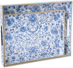 Serving Tray with Handles, 2 Pack Rectangular Plastic Tray 15.75x11.81 Inch, Blue and White Peony Chinese Porcelain Style Decorative Tray for Kitchen, Dining Table, Vanity, Office & Home