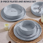 E-far 8-Piece Plates and Bowls Sets - Stoneware Dinnerware Sets with Pasta Bowls for 2 | Microwave & Dishwasher Safe Kitchen Modern Dish Set, Speckled Gray