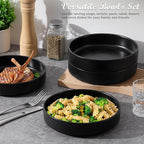 E-far Pasta Bowls Set of 4, 35oz Large Salad Bowl Plate for Dinner Serving Soup, Wide & Shallow Ceramic Stoneware Pasta Plates, Microwave & Dishwasher Safe, Reactive Glaze Texture-Stripe, Matte Black
