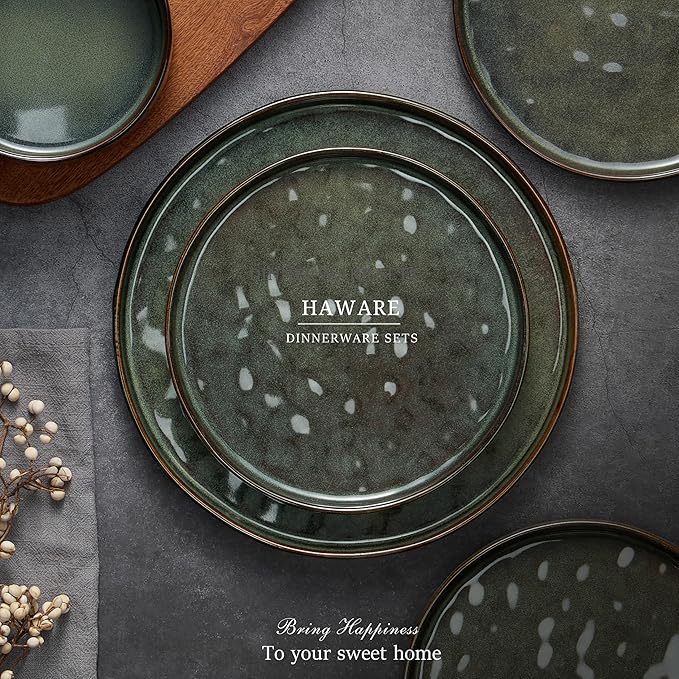 HaWare Dinnerware Sets, 24-Piece Plates and Bowls Set, Stoneware Dish Set for 8, Ceramic Dinnerware for Home Restaurant, Chip and Scratch Resistant, Microwave and Dishwasher Safe, Reactive Moss Green