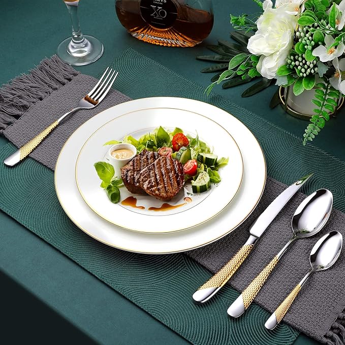 Hammered Silver Gold Silverware Set, OGORI 24-Piece 18/10 Stainless Steel Flatware Set, Service of 6