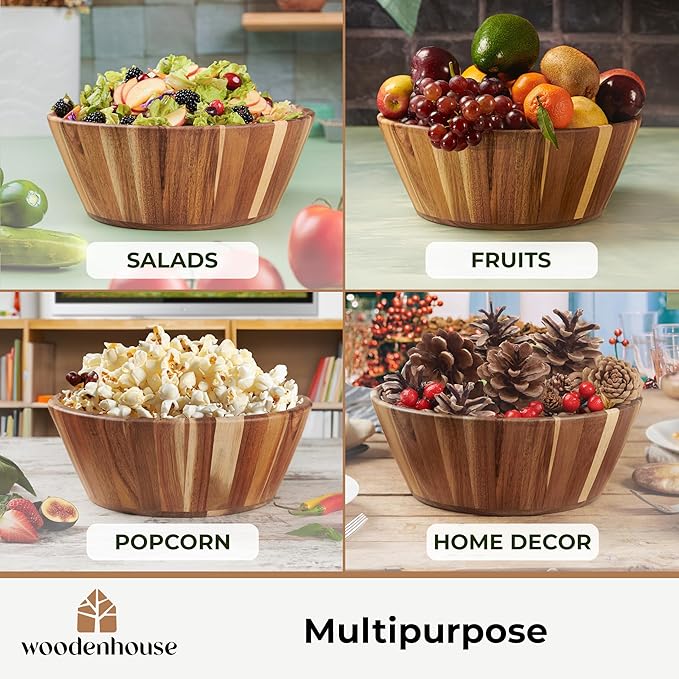 Woodenhouse Wooden Salad Bowl, Salad Bowl, Wooden Bowl - 12" Round Design Fruit Bowl, Handmade, Durable and Stylish Natural Wood Dining Accessory
