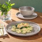 Gibson Elite 12 Piece (Service for 4) Eden Rock Plates and Bowls Reactive Glaze Round Dishes Stoneware Ceramic Dinnerware Set - Grey