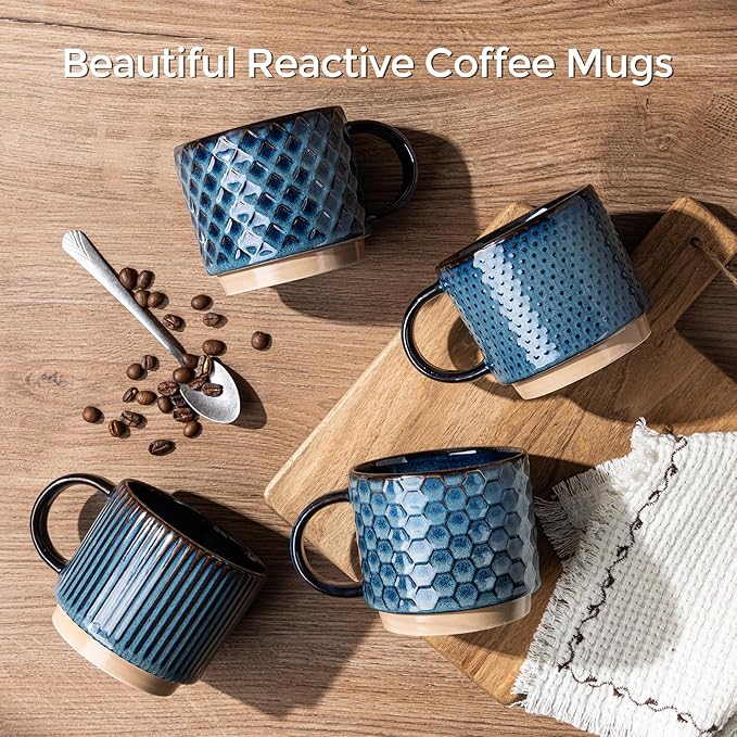 GBhome 6 OZ Stackable Coffee Mugs, Ceramic Coffee Mugs with Texture Patterns for Man,Woman,Dad,Mom, Modern Coffee Cups Set of 4 for Espresso/Cappuccino. Dishwasher&Microwave Safe