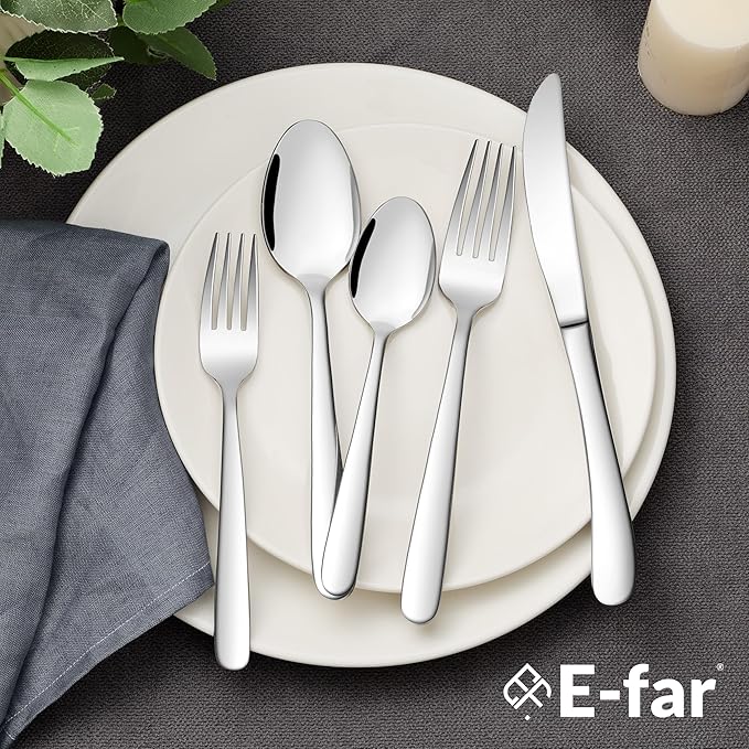 E-far Heavy Duty Silverware Set for 12, 60-Piece Stainless Steel Flatware Cutlery Set, Heavy Weight Metal Tableware Eating Utensils for Home Restaurant Weddings, Mirror Polished & Dishwasher Safe