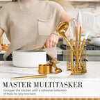 Styled Settings White and Gold Cooking Utensils Set with Holder - 15-Piece Silicone Cooking Tools with Utensil Holder, Measuring Cups, and Spoons - Elegant White and Gold Kitchen Accessories