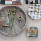 Bloomingville Round Marble Checkered Cheese and Serving Tray, Buff Color and White