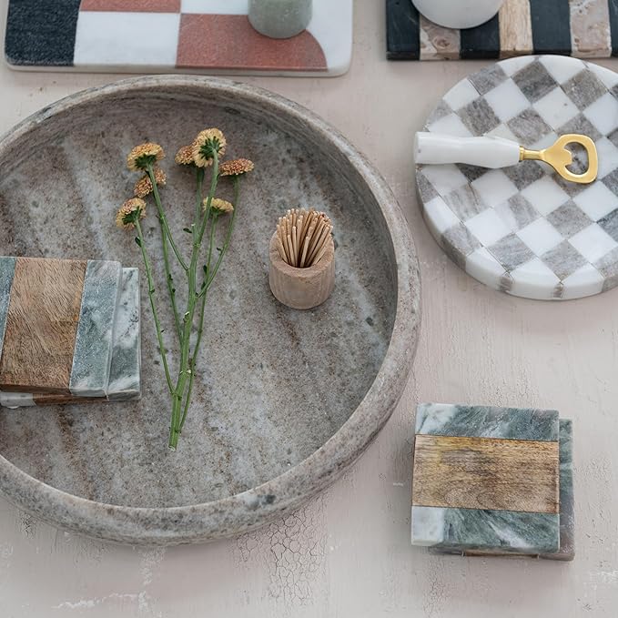 Bloomingville Round Marble Checkered Cheese and Serving Tray, Buff Color and White