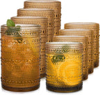 Amber Hobnail Drinking Glasses Set of 8, 15 oz Vintage Highball Glassess & 12 oz Cocktail Glasses, Drinkware Kitchen Glasses for Cocktail, Iced Coffee, Beer, Ice Tea, Wine, Whiskey, Water