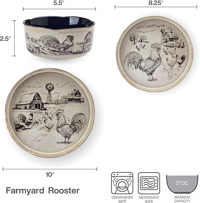 Pfaltzgraff Farmyard Rooster 12 Piece Farmhouse Style Dinnerware Set, Service for 4, Plate Bowl with High Rims, Rustic Design, Brown Black