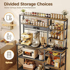 SUPERJARE Larger Bakers Rack with Power Outlets, 6-Tier Microwave Stand, Coffee Bar with 12 S-Shaped Hooks, Kitchen Shelf with Wire Basket, 47.2 x 15.5X 66.9 Inches, Grey