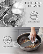 FogDream Titanium Non Stick Frying Pan, 10in Tri-Ply Stainless Steel Deep Saute Pan, All-in-One Cookware Set(Spatulas&Steamer), Stay Cool Handle, Dishwasher & Oven-Safe,Induction Compatible,Silver