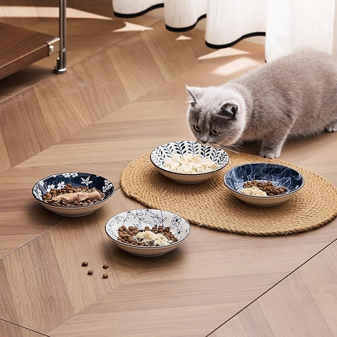 Ceramic Cat Bowls Set of 4, Vintage Blue and White Pet Dog Bowl for Food & Water, 5.5 in Small Kitten Wide Shallow Dishes for Indoor Cats