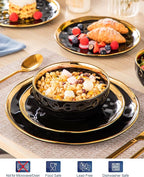 LOVECASA 12 Pieces Plates and Bowls Sets, Porcelain Black and Gold Dinnerware Sets, Round Dinner Plates Dishes Set Service for 4, Dishwasher Safe and Scratch Resistant, Black