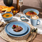 GBHOME Dinnerware Sets with Double Bowls for 6, 24 Pieces Stoneware Plates and Bowls Set, Scratch Resistant Ceramic Dishes Set, Dishwasher & Microwave Safe-Alaskan Blue