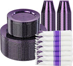 DaYammi 210 Purple Glitter Plastic Dinnerware Set for 30 Guests, Fancy Disposable Plates for Party, Include: 30 Dinner Plates, 30 Dessert Plates, 30 Pre Rolled Napkins with Purple Silverware, 30 Cups