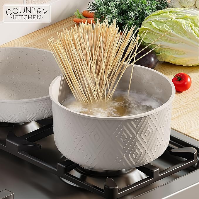 Country Kitchen Cookware Set with Removable Handle, Oven & RV Safe Pots and Pans Set, Cream Rhombus, Original