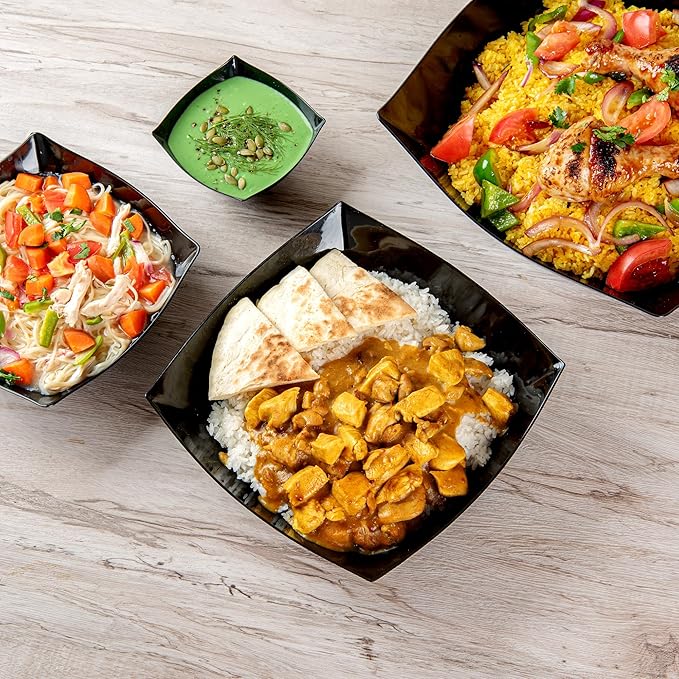 Restaurantware Moderna 64 Ounce Fancy Plastic Bowls 10 Square Disposable Salad Bowls - Durable Heavy-duty Black Plastic Bowls For Warm And Cold Foods