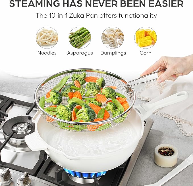 ZUKA 10 in 1 Ceramic Pan by Granitestone, Large 10 Inch Saute Pan with Lid Serves as Deep Frying Pan Set with Steamer, Everyday Skillet, Non Toxic Ceramic Nonstick, Induction Oven & Dishwasher Safe