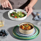 E-far 16-Piece Plates and Bowls Sets with Pasta Bowls - Stoneware Dinnerware Set for 4, Modern Ribbed Dishes, Microwave & Dishwasher Safe, Multicolor