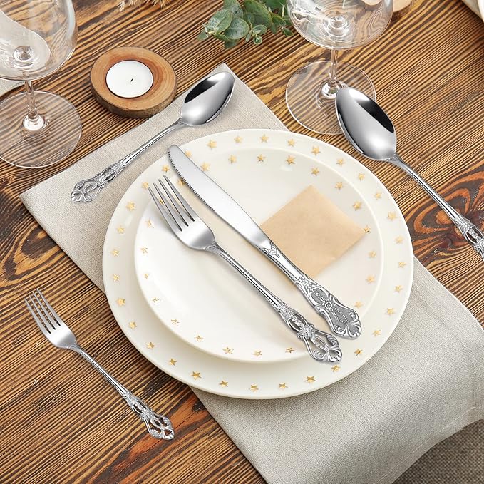 Gorgeous Retro Royal Silverware Set For 8,OIULO 18/0 Stainless Steel 40-Piece Flatware Set Service for 8,Vintage Fine Dining Utensils Fork Spoon Knife,Antique Baroque Cutlery,Mirror,Dishwasher Safe