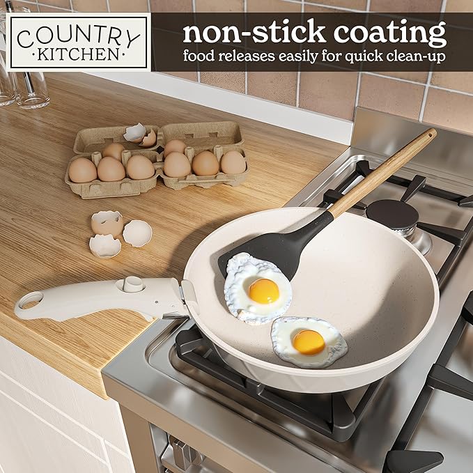 Country Kitchen Cookware Set with Removable Handle, Oven & RV Safe Pots and Pans Set, Cream Diamond, Original
