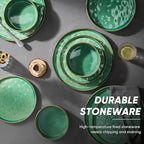E-far 24-Piece Plates and Bowls Sets with Pasta Bowls - Stoneware Dinnerware Set for 6, Modern Ribbed Dishes, Microwave & Dishwasher Safe, Reactive Green